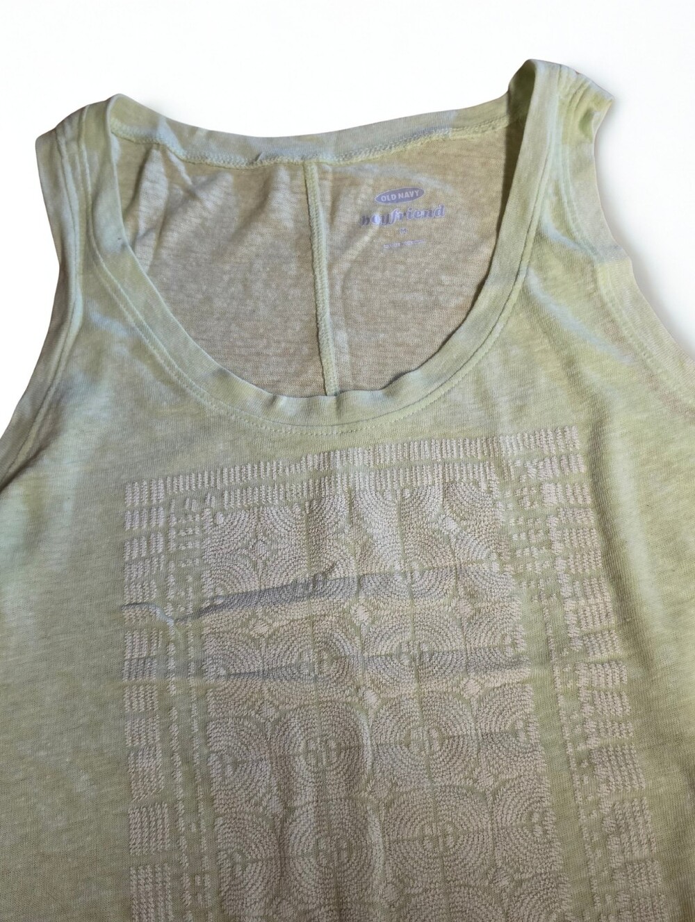 Old Navy Boyfriend Tank Top M Lemon Lime Yellow Puff Paint Boho Aztec Medallion